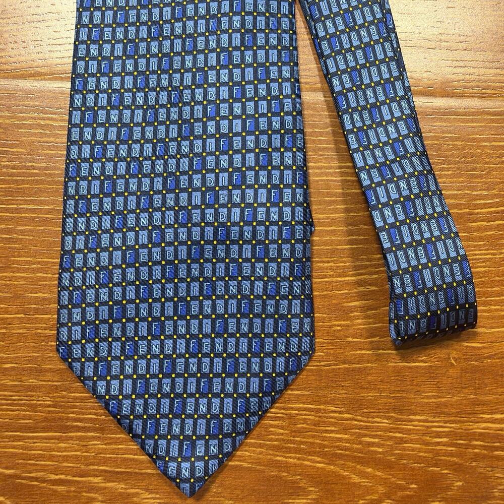 Fendi Neck Tie 60" Blue Spell Out Logo Designer Quiet Luxury Suit Office Career